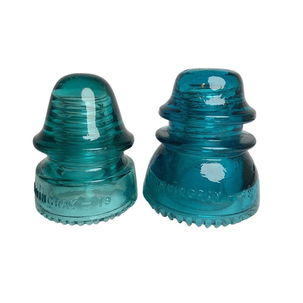 Vintage Hemingray Aqua Blue Glass Insulators No 19 and No 42‎ Set/2 Made in USA